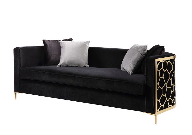 Fergal - Sofa With 4 Pillows - Black Velvet & Gold