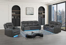 UM2768 - Power Reclining Sofa, Power Console Reclining Loveseat With Power Headrest, Global Surround Sound Speaker And LED Accent Lighting - Charcoal
