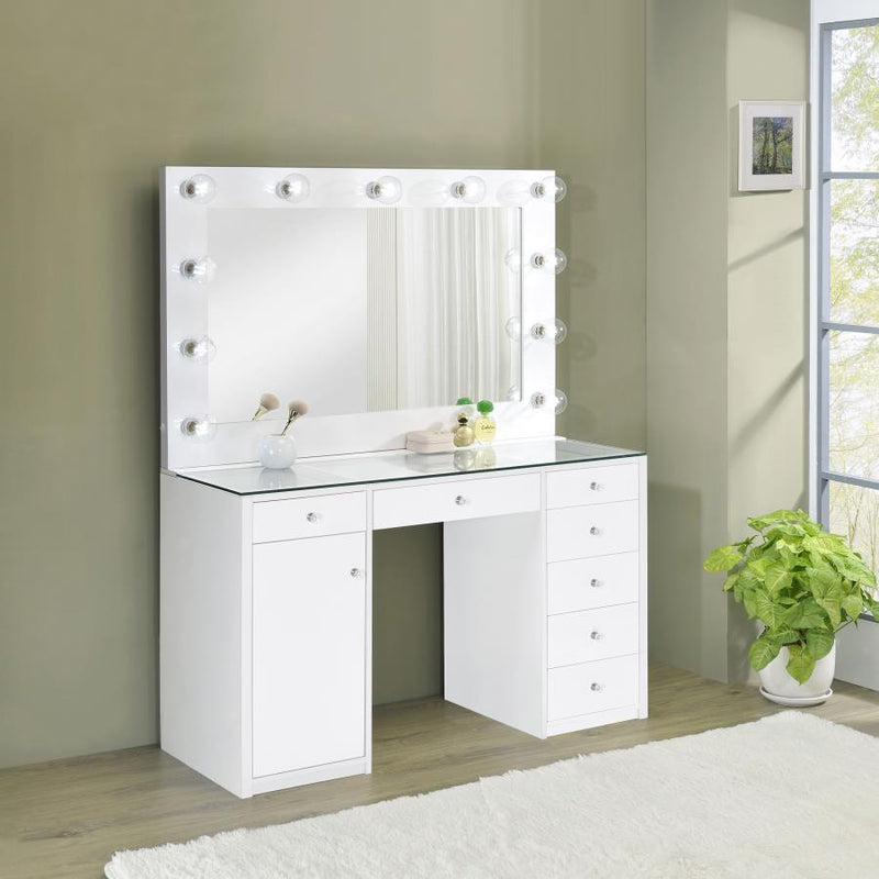 Acena - 7-Drawer Vanity Set With Lighting - White High Gloss